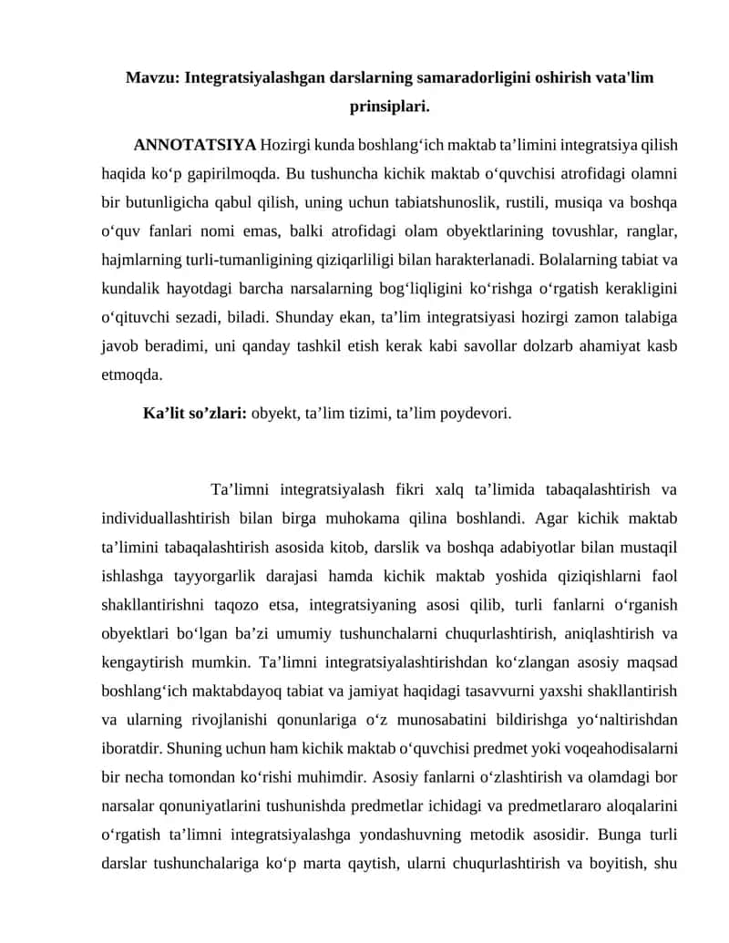 Integratsiyalashgan darslarning samaradorligini oshirish vata'lim prinsiplari