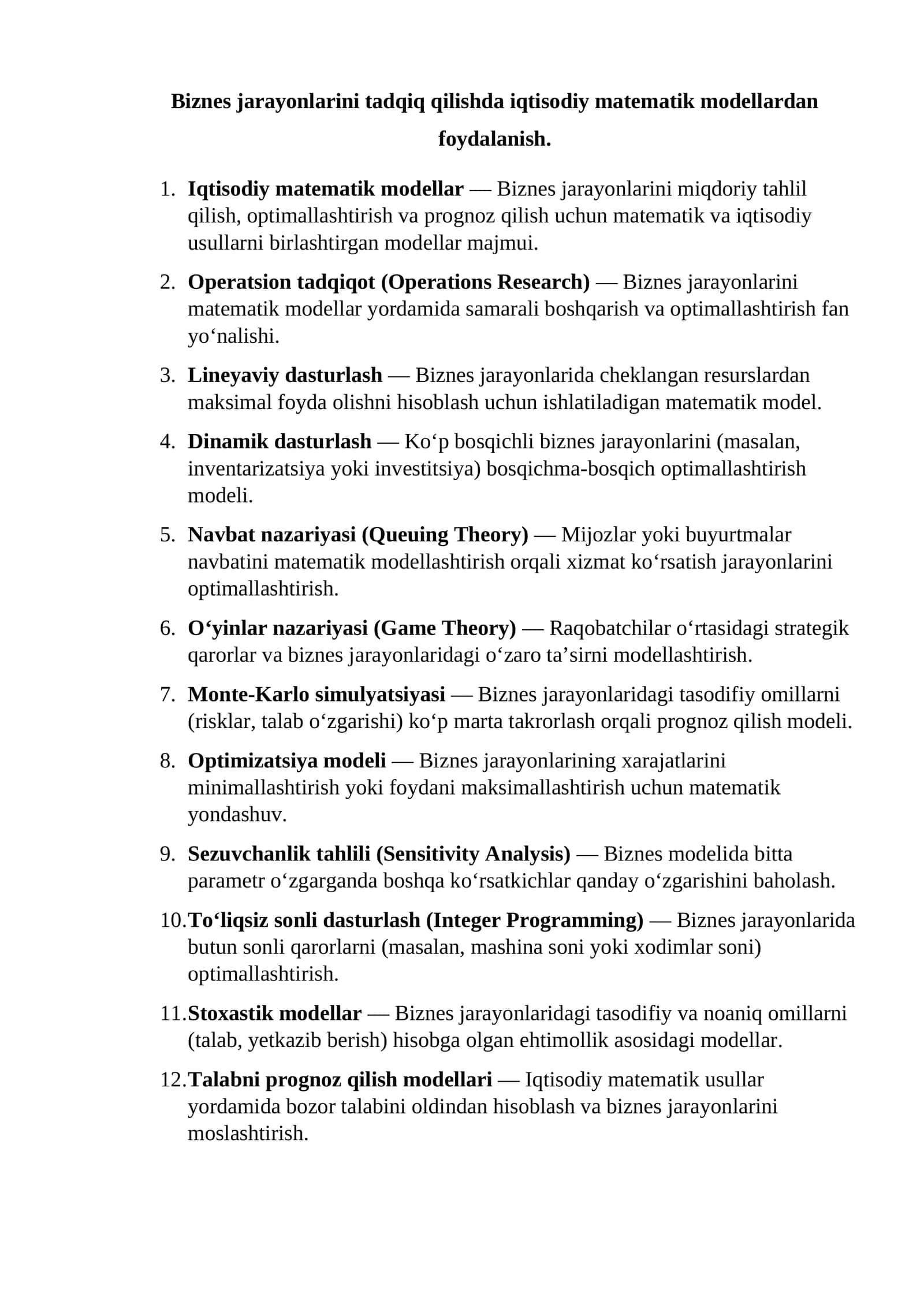 Biznes jarayonlarini tadqiq qilishda iqtisodiy matematik modellardan foydalanish