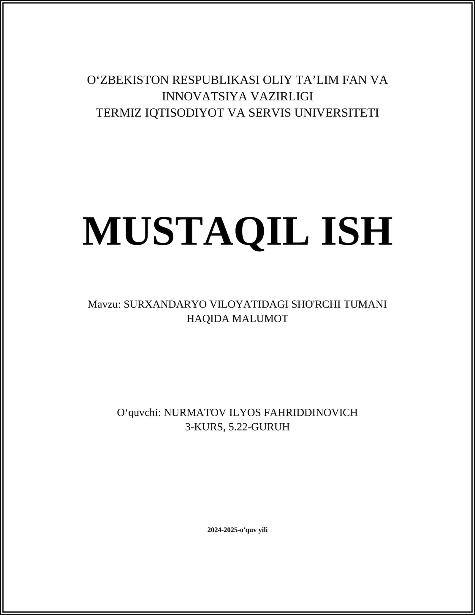 SURXANDARYO VILOYATIDAGI SHO'RCHI TUMANI HAQIDA MALUMOT