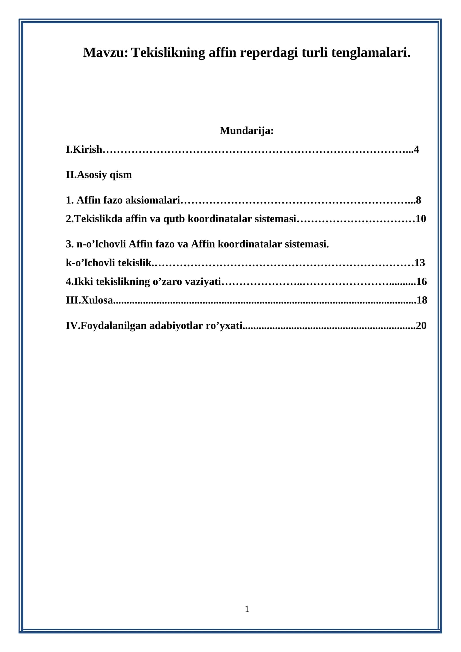 Tekislikning affin reperdagi turli tenglamalari