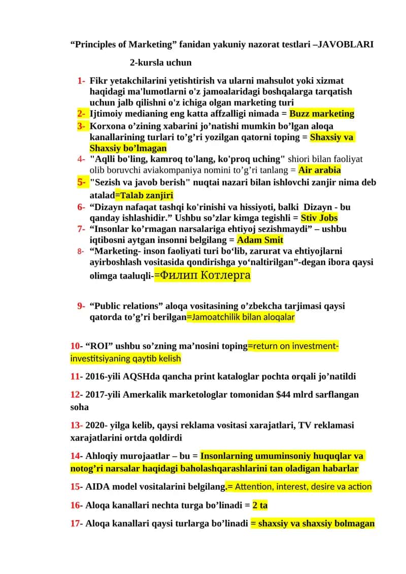 Principles of Marketing fanidan yakuniy nazorat testlari - JAVOBLARI