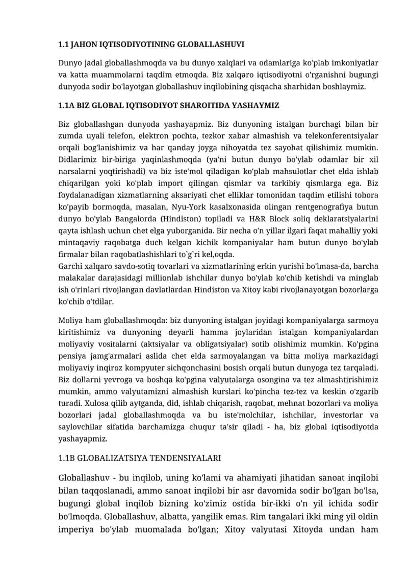 JAHON IQTISODIYOTINING GLOBALLASHUVI