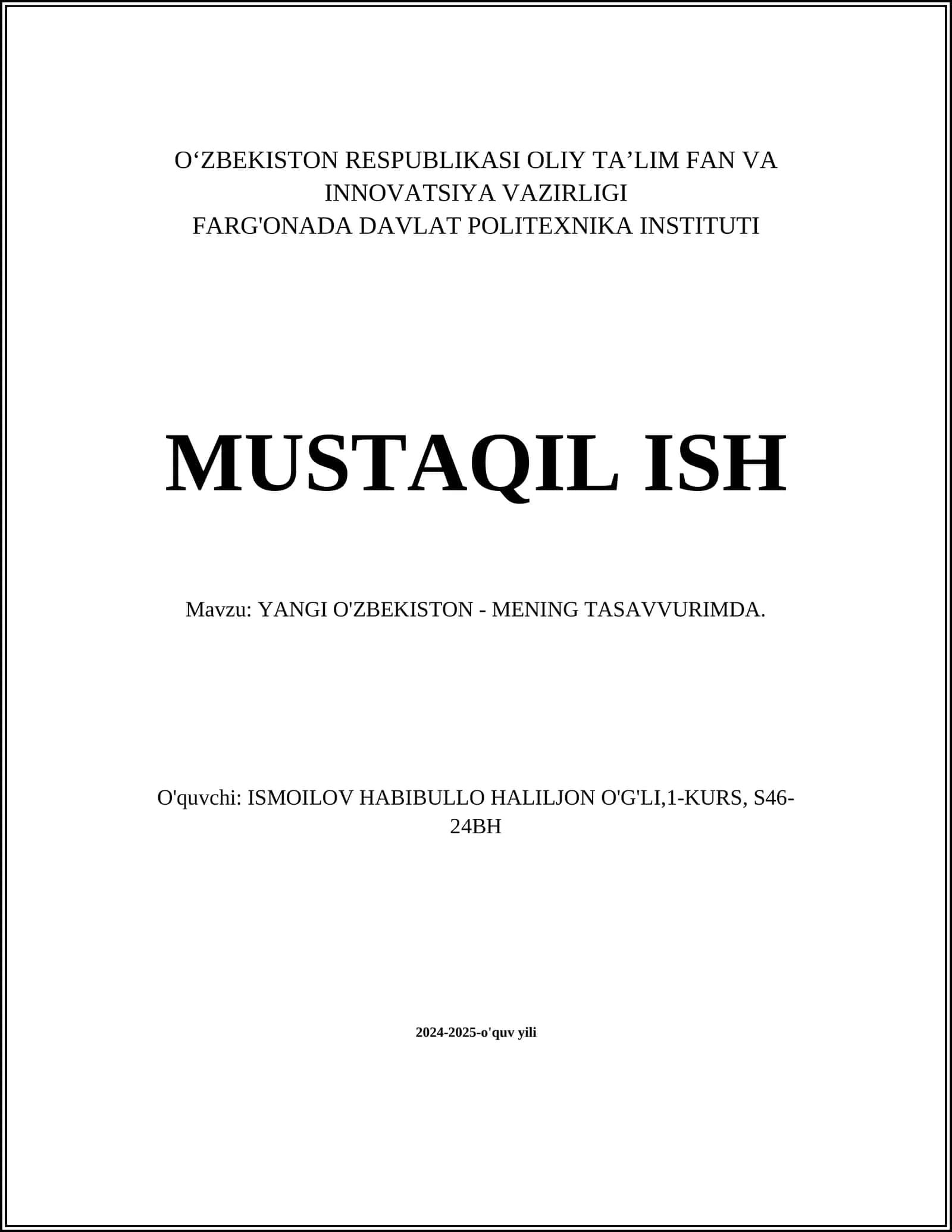 YANGI O'ZBEKISTON - MENING TASAVVURIMDA