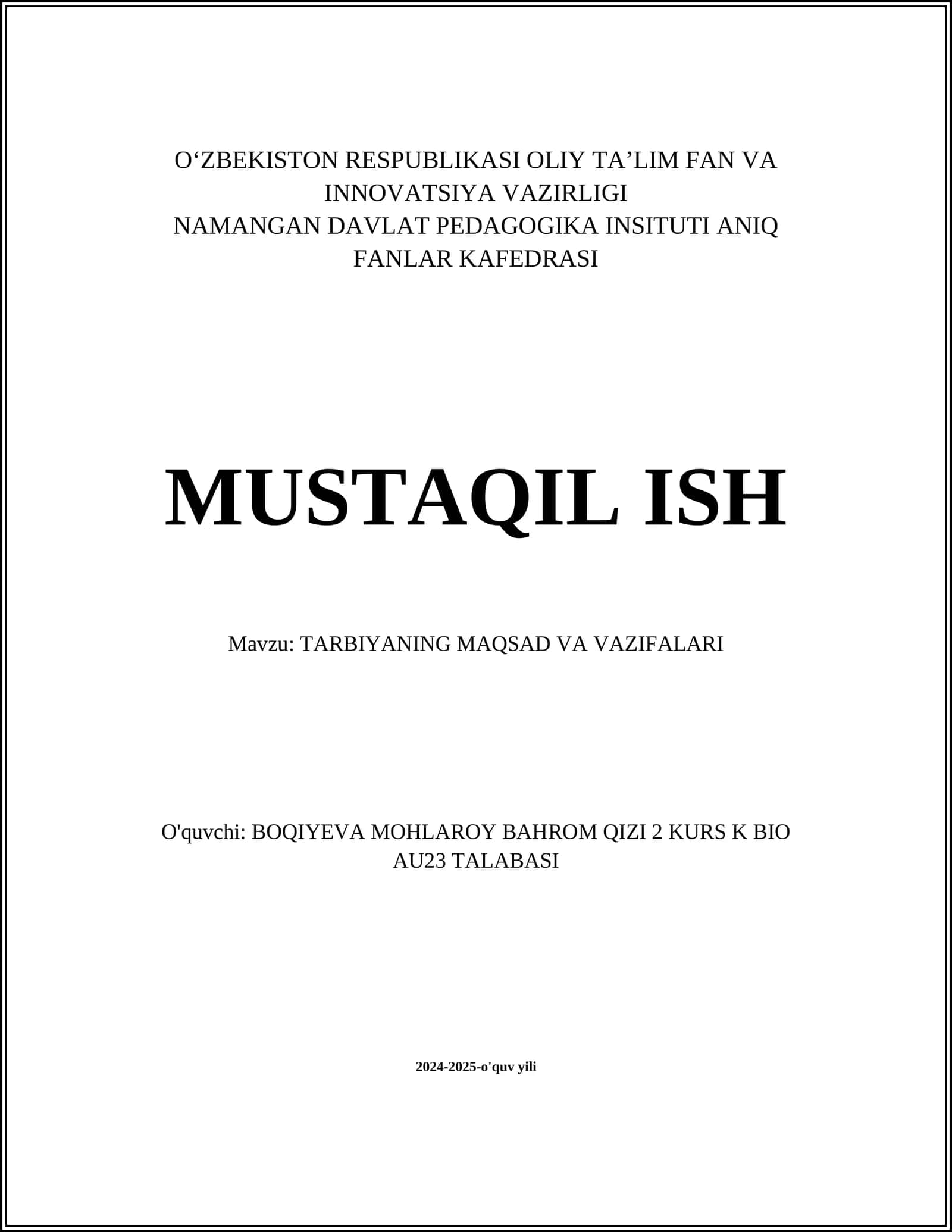 TARBIYANING MAQSAD VA VAZIFALARI