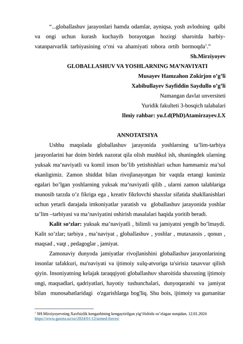Globallashuv va yoshlarning ma'naviyati