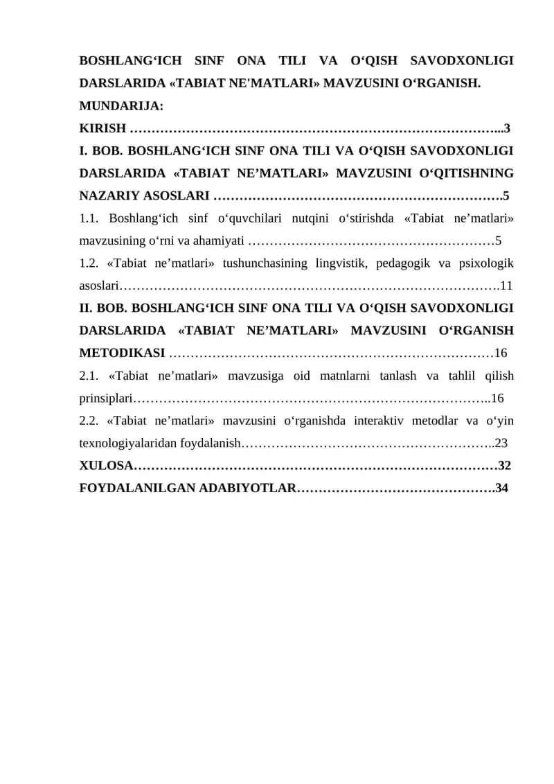 BOSHLANG‘ICH SINF ONA TILI VA O‘QISH SAVODXONLIGI DARSLARIDA «TABIAT NE'MATLARI» MAVZUSINI O‘RGANISH.