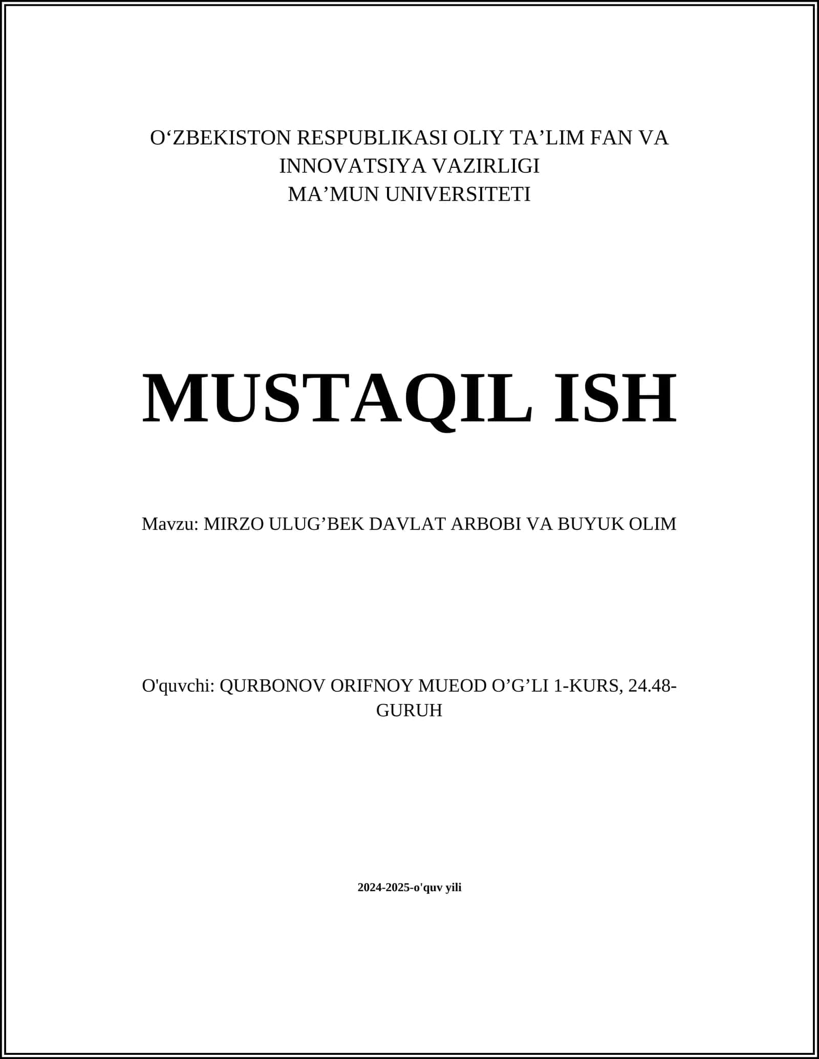 MIRZO ULUG'BEK DAVLAT ARBOBI VA BUYUK OLIM
