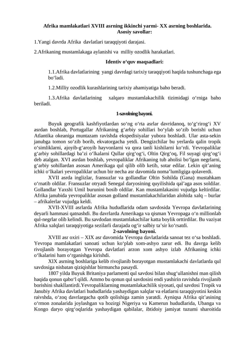 Afrika mamlakatlari XVIII asrning ikkinchi yarmi- XX asrning boshlarida