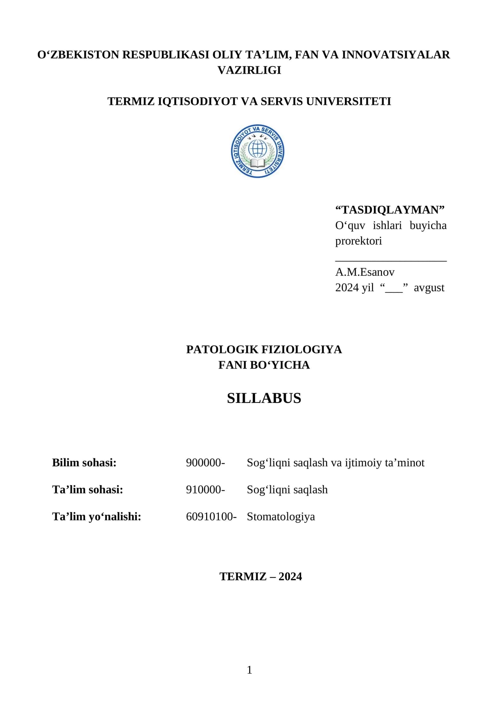 PATOLOGIK FIZIOLOGIYA FANI SILLABUSI