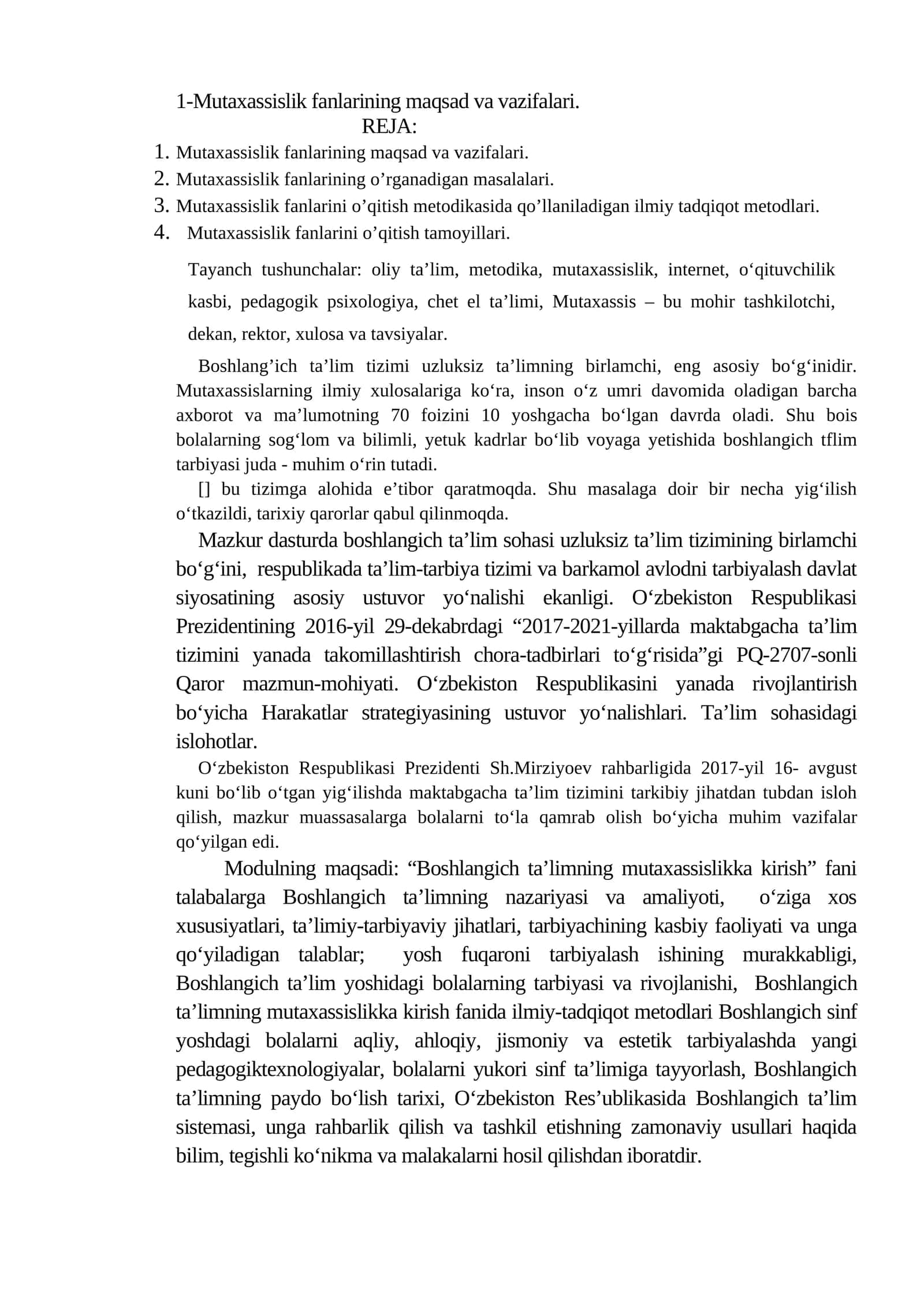 Mutaxassislik fanlarining maqsad va vazifalari