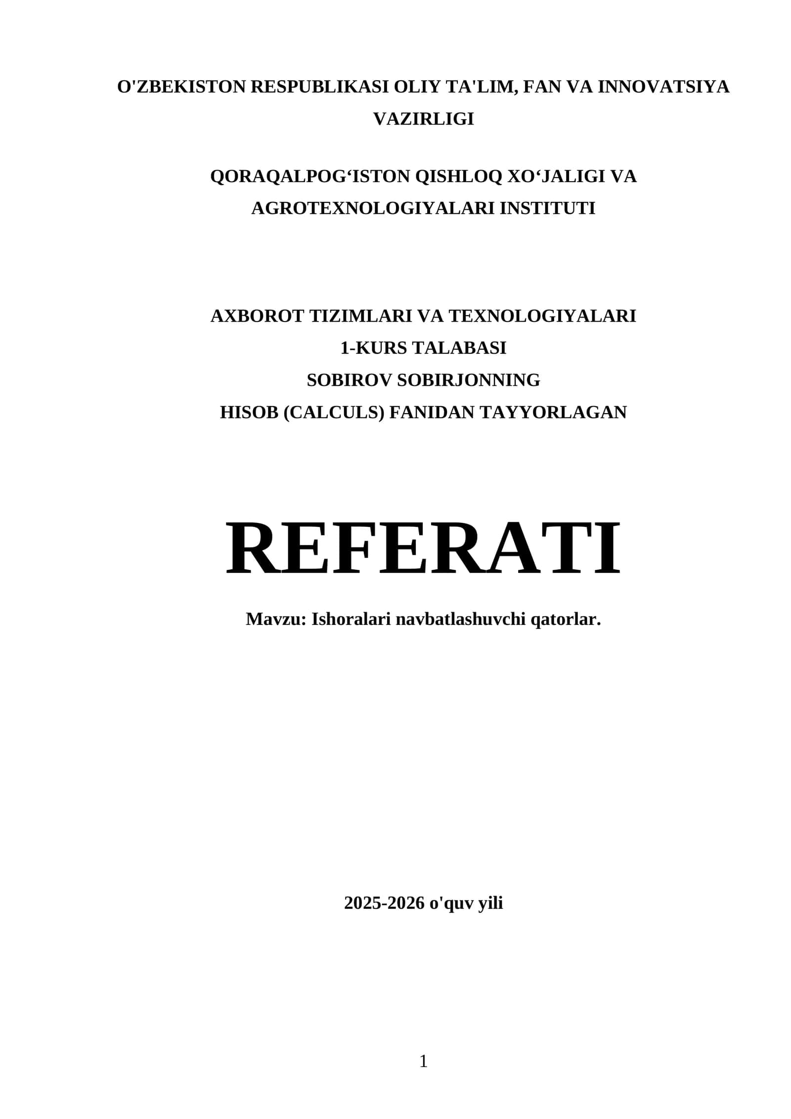 SOBIROV SOBIRJONNING HISOB (CALCULS) FANIDAN TAYYORLAGAN REFERATI