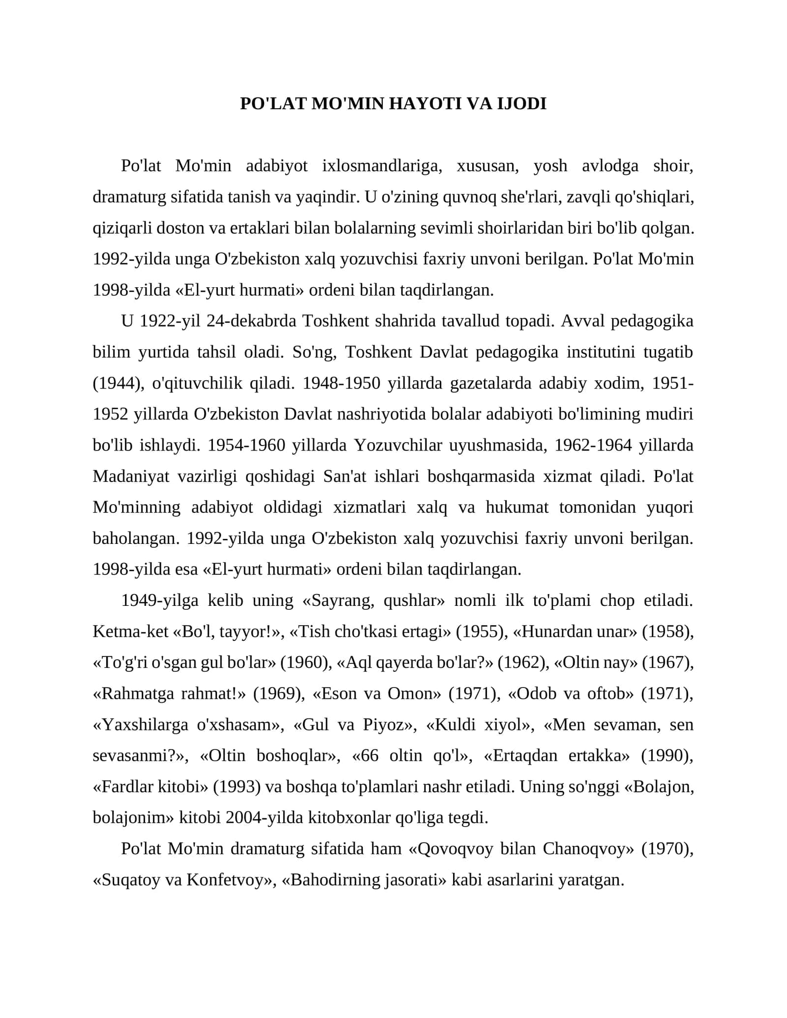 PO'LAT MO'MIN HAYOTI VA IJODI