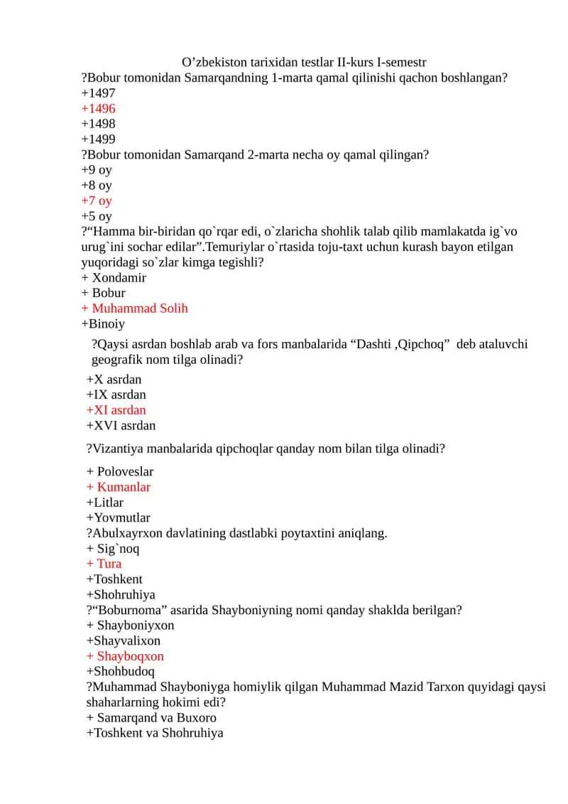 O’zbekiston tarixidan testlar