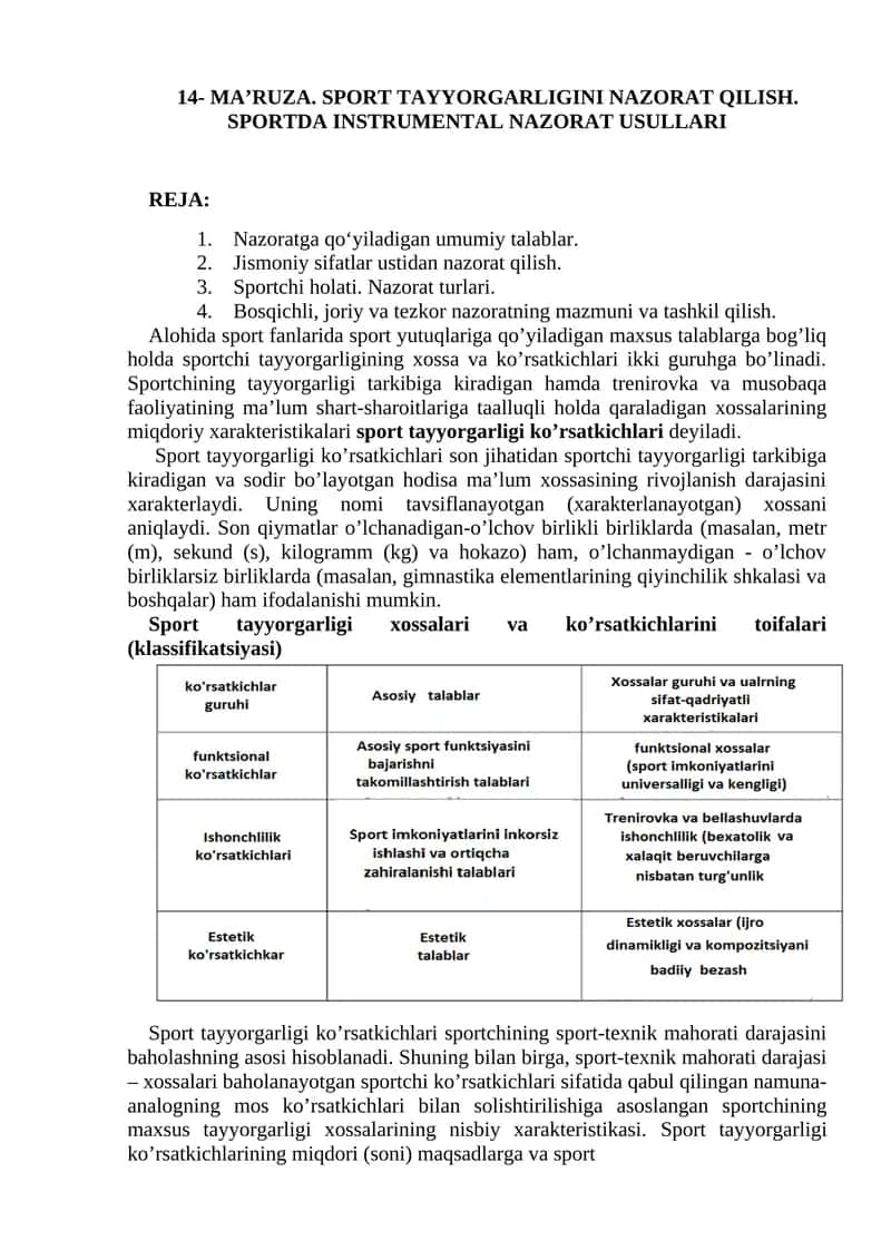 SPORT TAYYORGARLIGINI NAZORAT QILISH