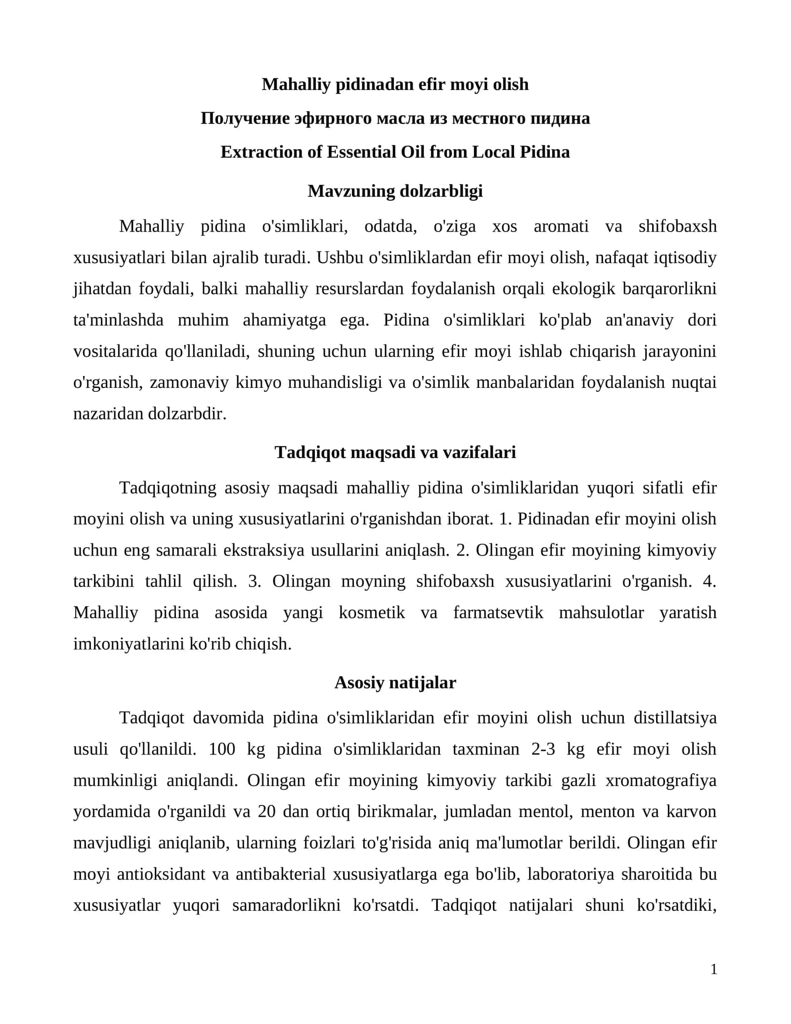Mahalliy pidinadan efir moyi olish