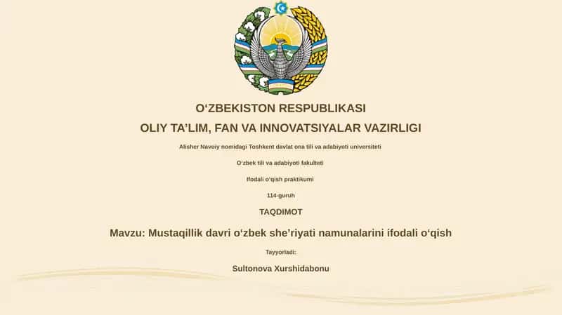 Mustaqillik davri o'zbek sheʼriyati namunalarini ifodali oʻqish