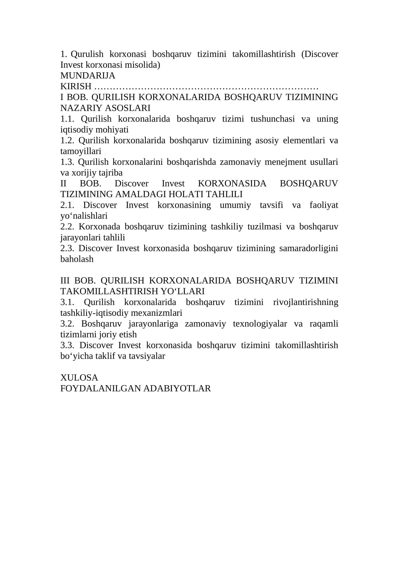 Qurulish korxonasi boshqaruv tizimini takomillashtirish