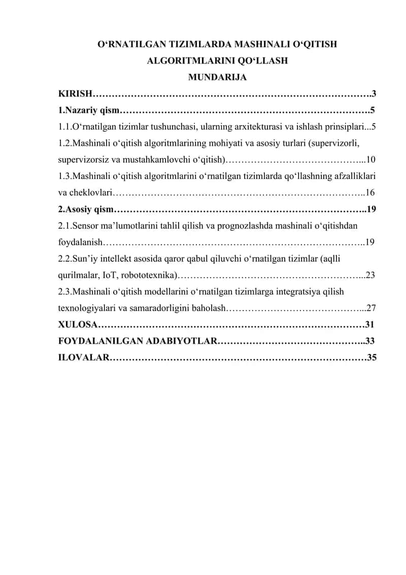 O‘RNATILGAN TIZIMLARDA MASHINALI O‘QITISH ALGORITMLARINI QO‘LLASH