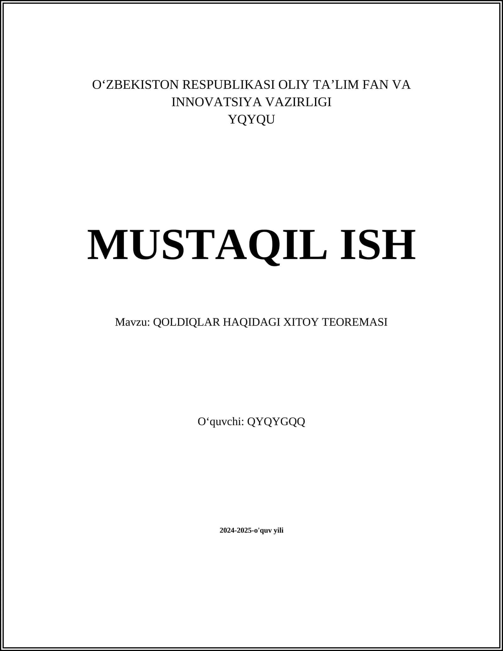 QOLDIQLAR HAQIDAGI XITOY TEOREMASI