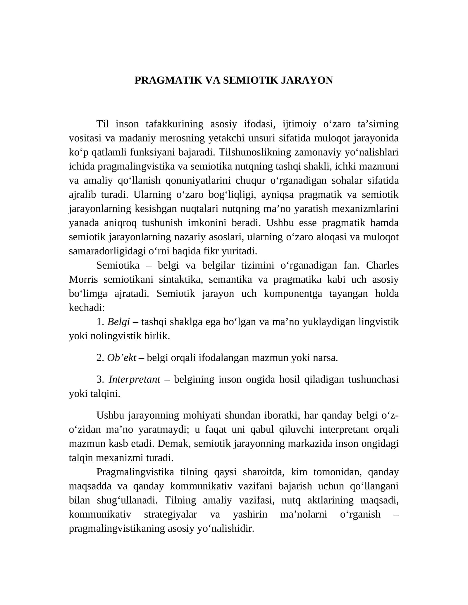 PRAGMATIK VA SEMIOTIK JARAYON