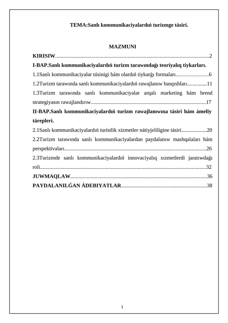 Sanlı kommunikaciyalardıń turizmge tásiri