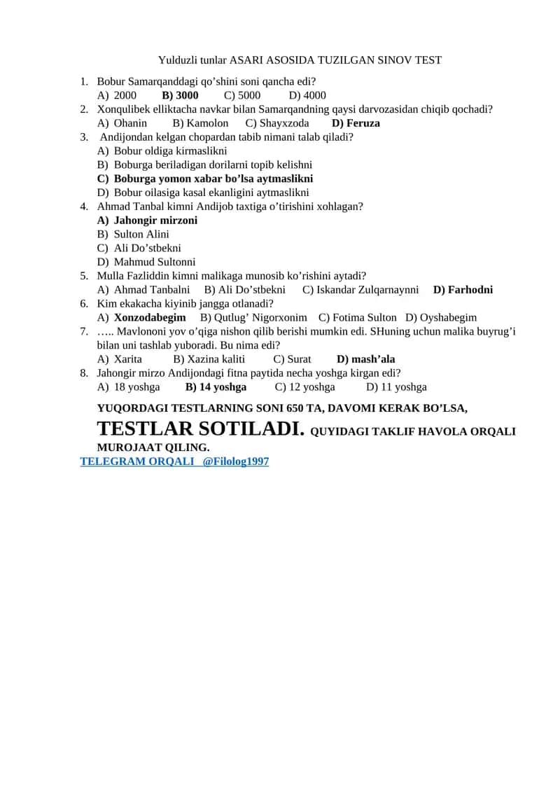 Yulduzli tunlar ASARI ASOSIDA TUZILGAN SINOV TEST