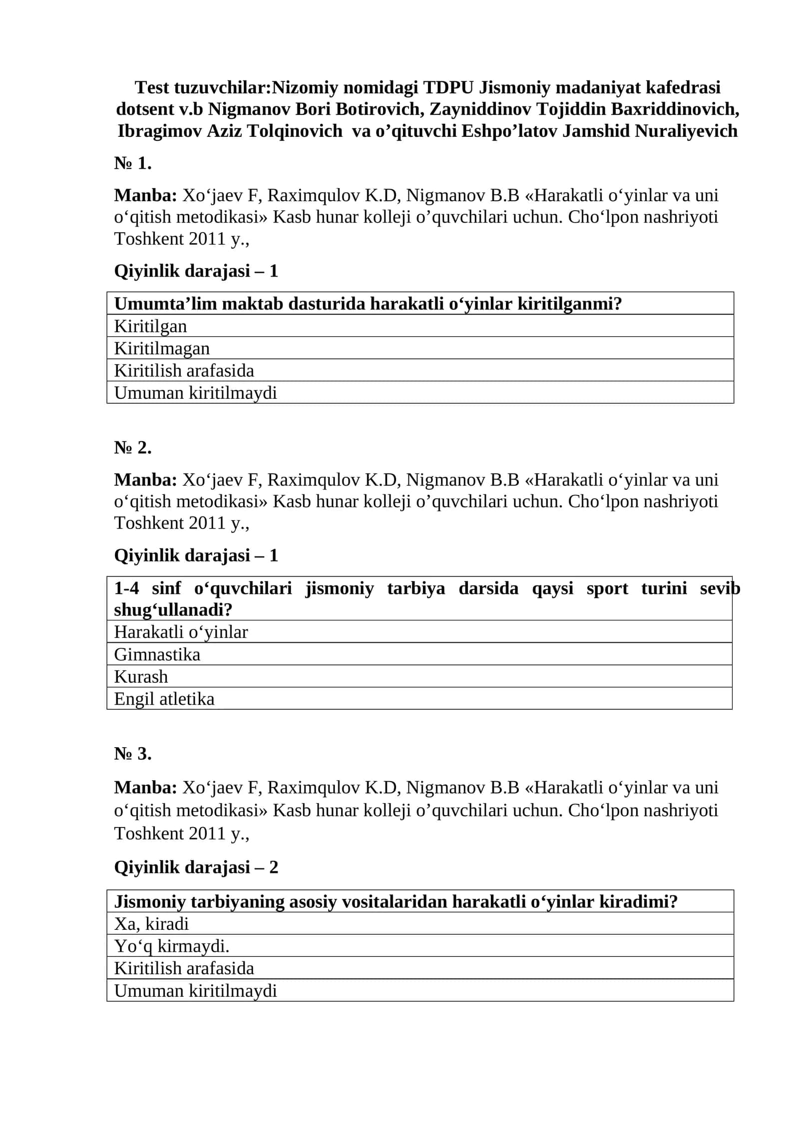 Harakatli o‘yinlar va uni o‘qitish metodikasi