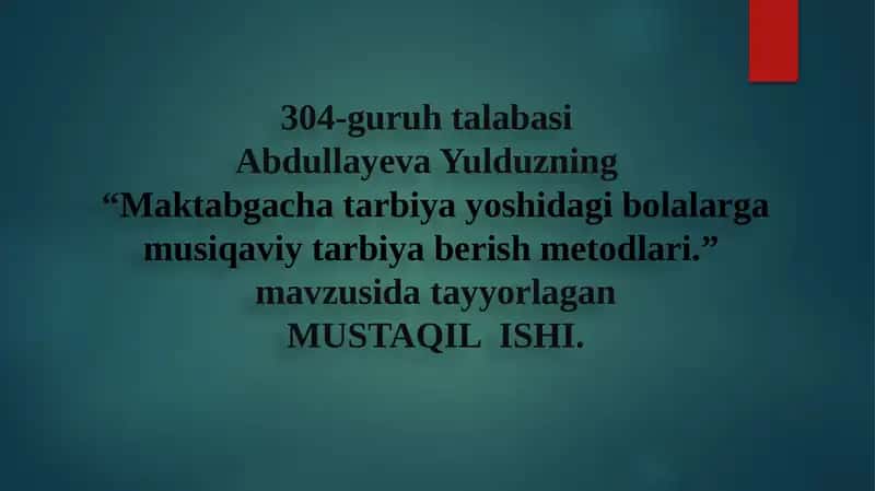 Maktabgacha tarbiya yoshidagi bolalar uchun musiqa viy tarbiyasi