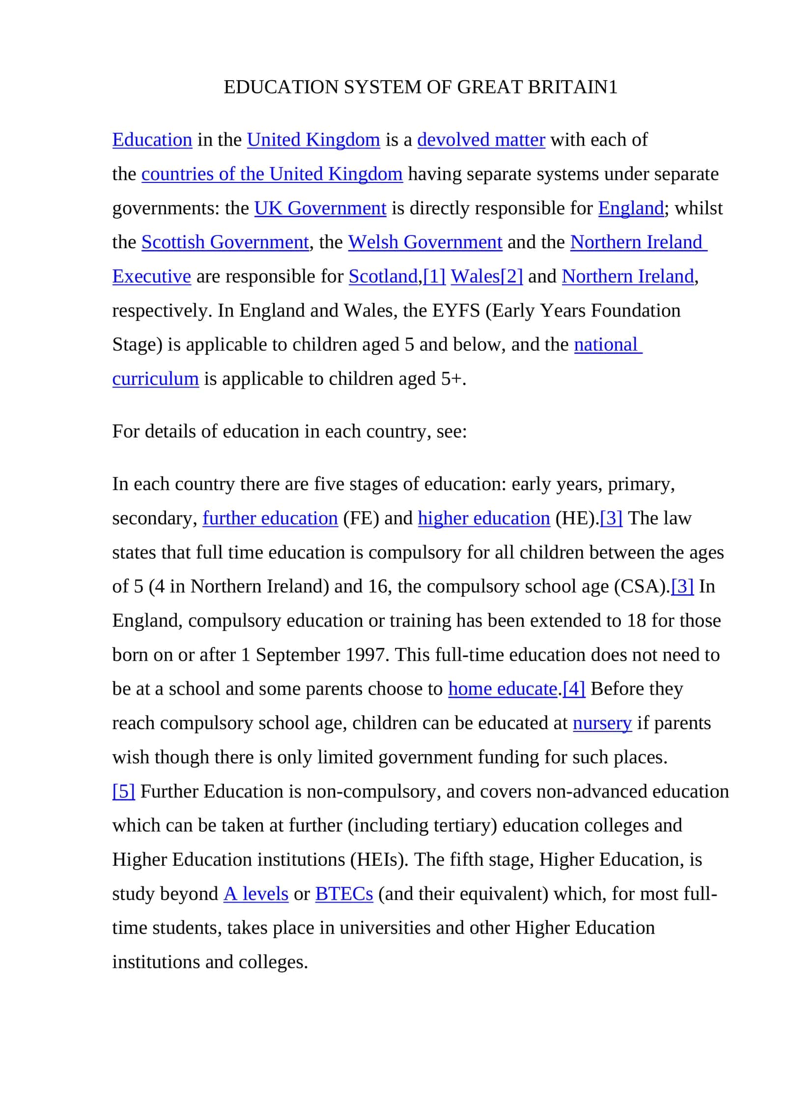 EDUCATION SYSTEM OF GREAT BRITAIN