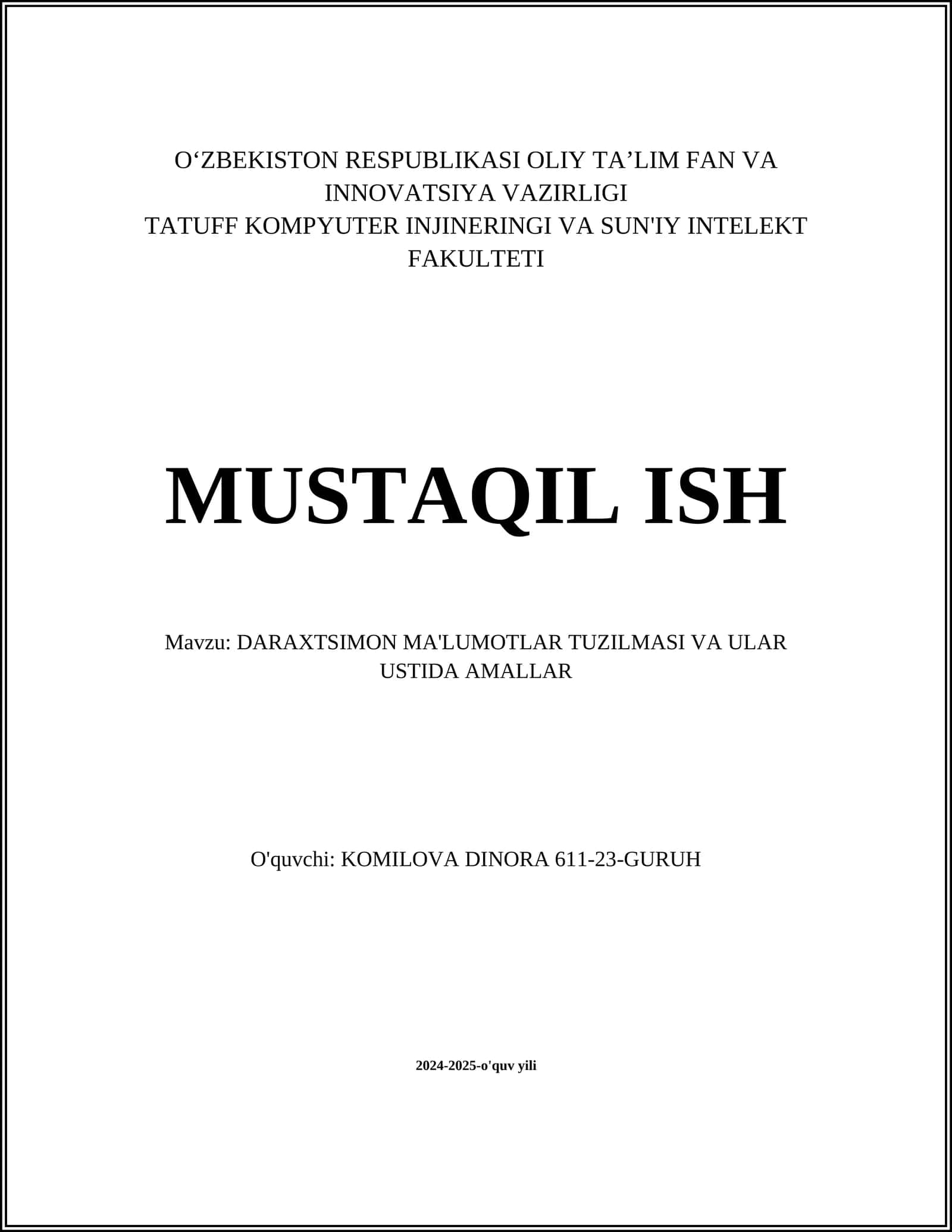 DARAXTSIMON MA'LUMOTLAR TUZILMASI VA ULAR USTIDA AMALLAR