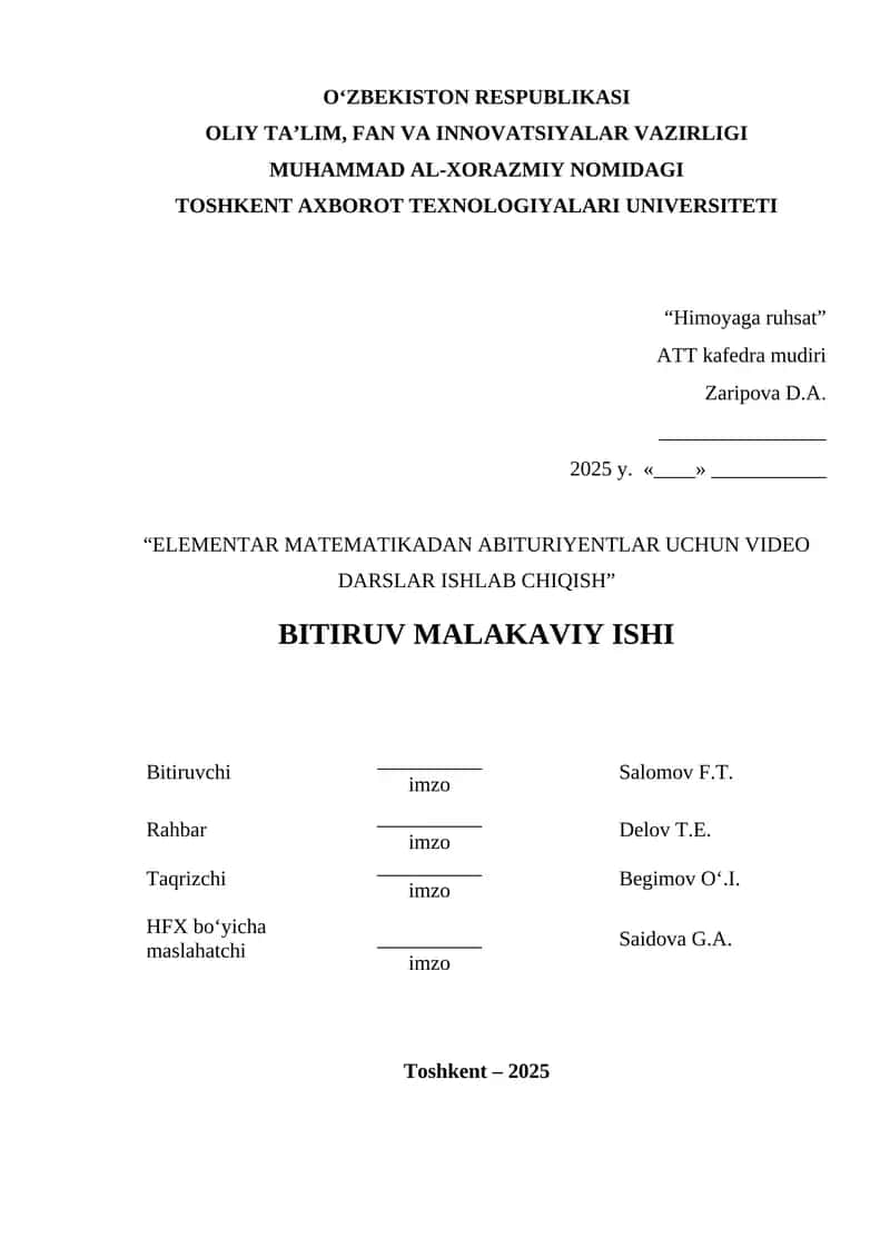 Elementar matematikadan abituriyentlar uchun video darslar ishlab chiqish