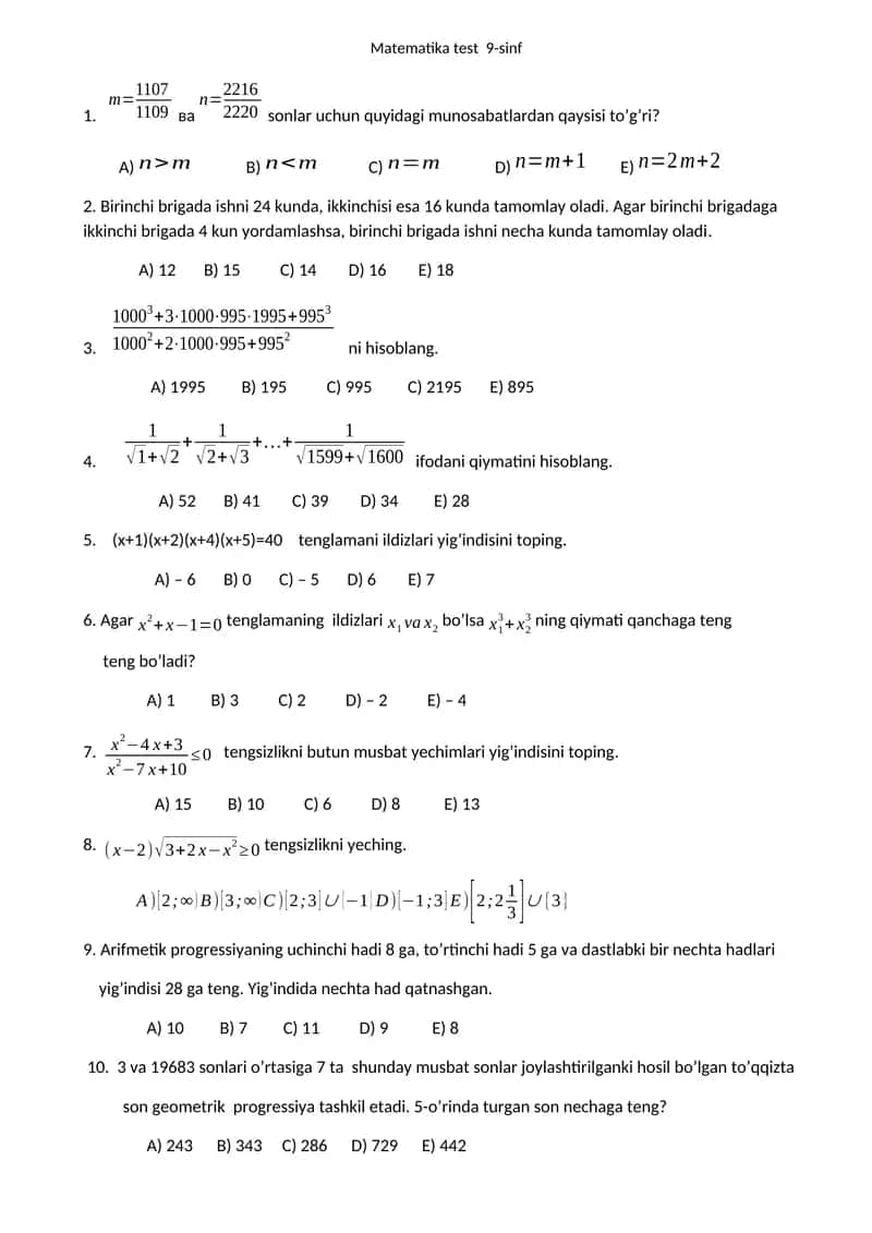 Matematikadan Olimpiada savollari