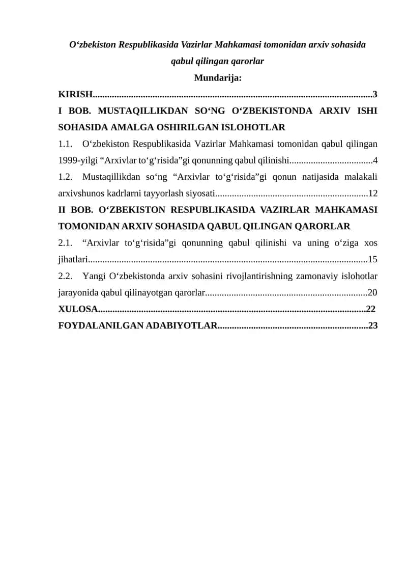 O‘zbekiston Respublikasida Vazirlar Mahkamasi tomonidan arxiv sohasida qabul qilingan qarorlar