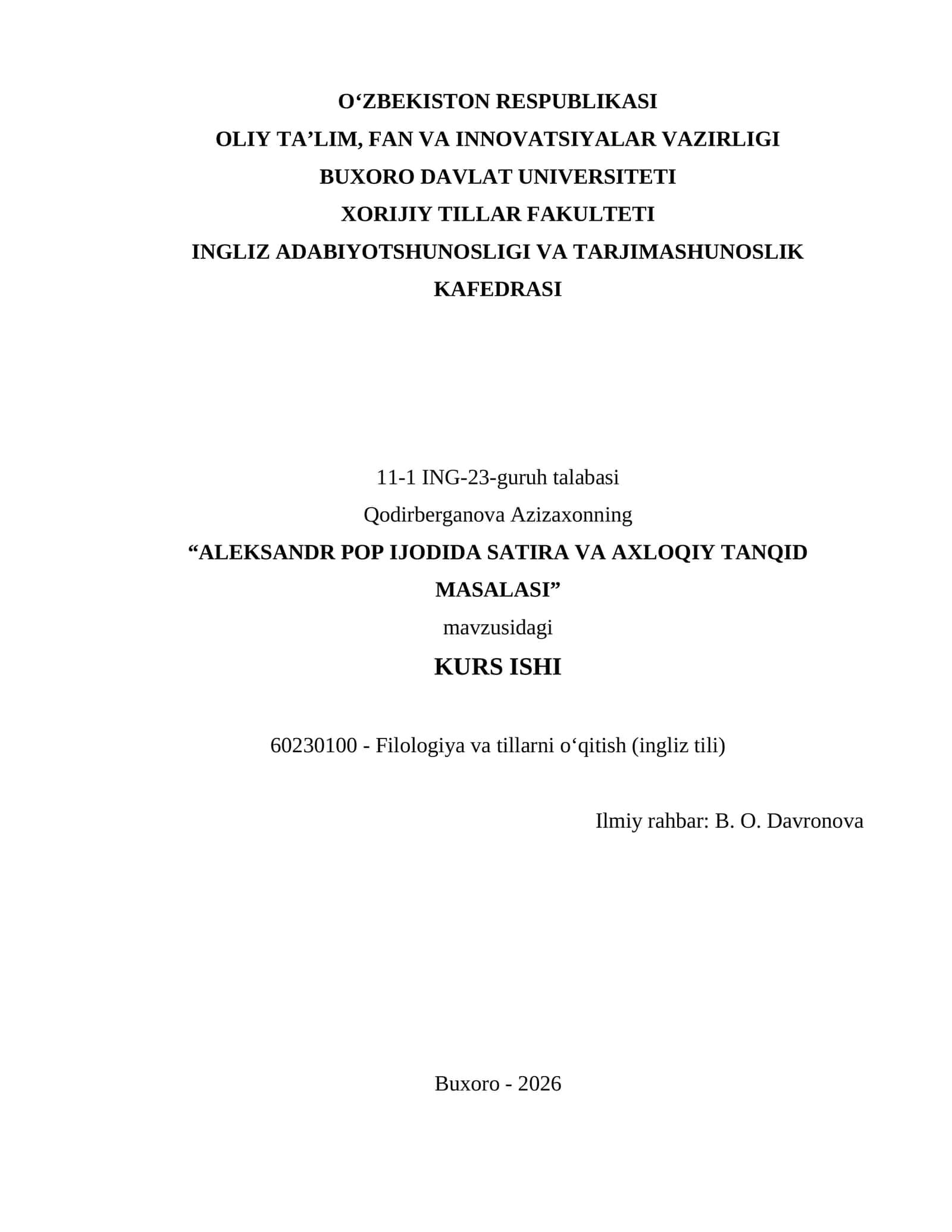 ALEKSANDR POP IJODIDA SATIRA VA AXLOQIY TANQID MASALASI