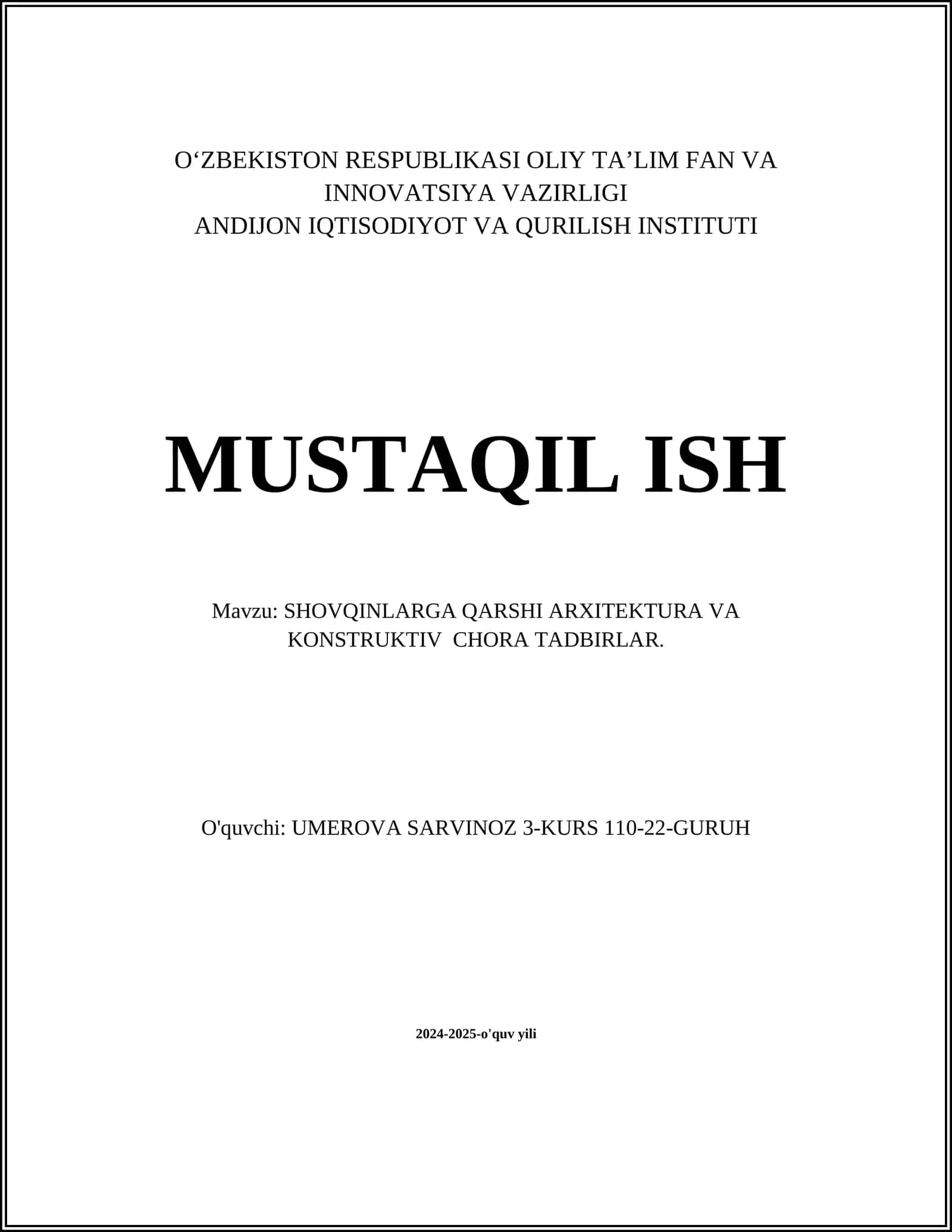 SHOVQINLARGA QARSHI ARXITEKTURA VA KONSTRUKTIV CHORA TADBIRLAR