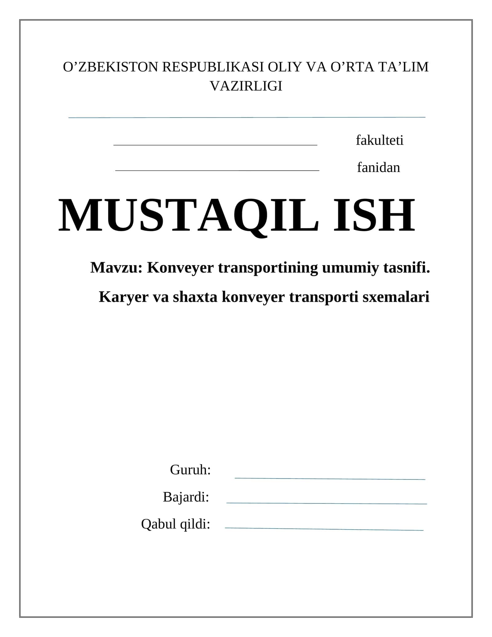 Konveyer transportining umumiy tasnifi