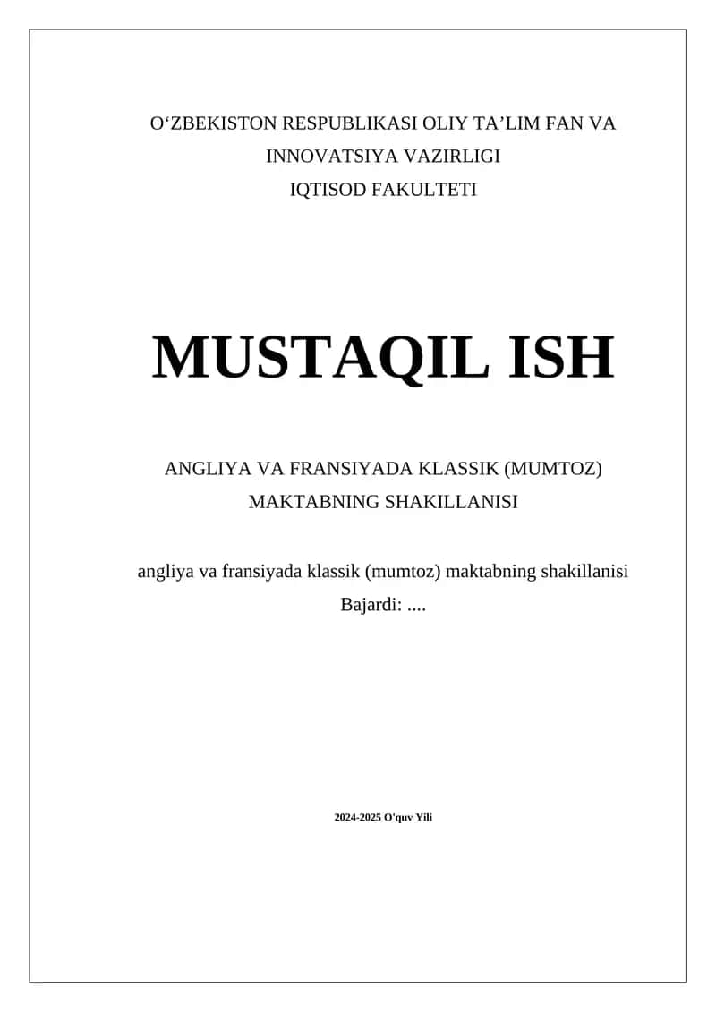 Angliya va Fransiyada klassik (mumtoz) maktabning shakillanisi