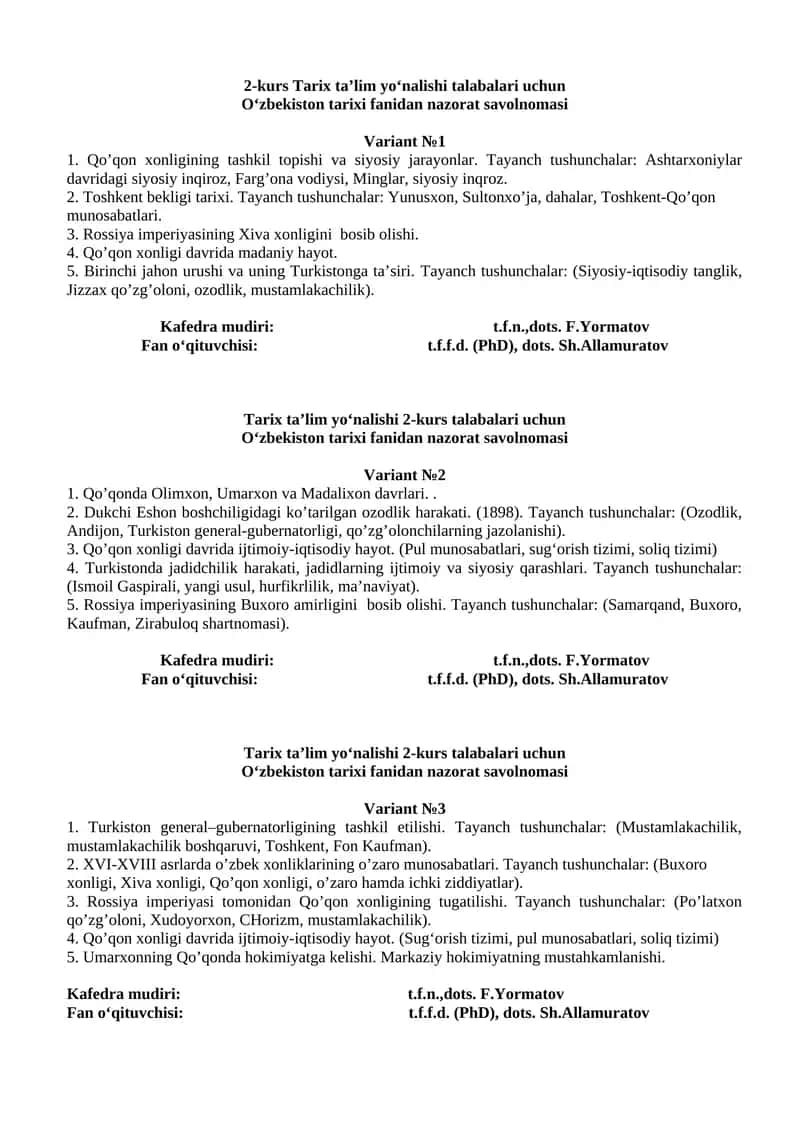 O‘zbekiston tarixi fanidan nazorat savolnomasi