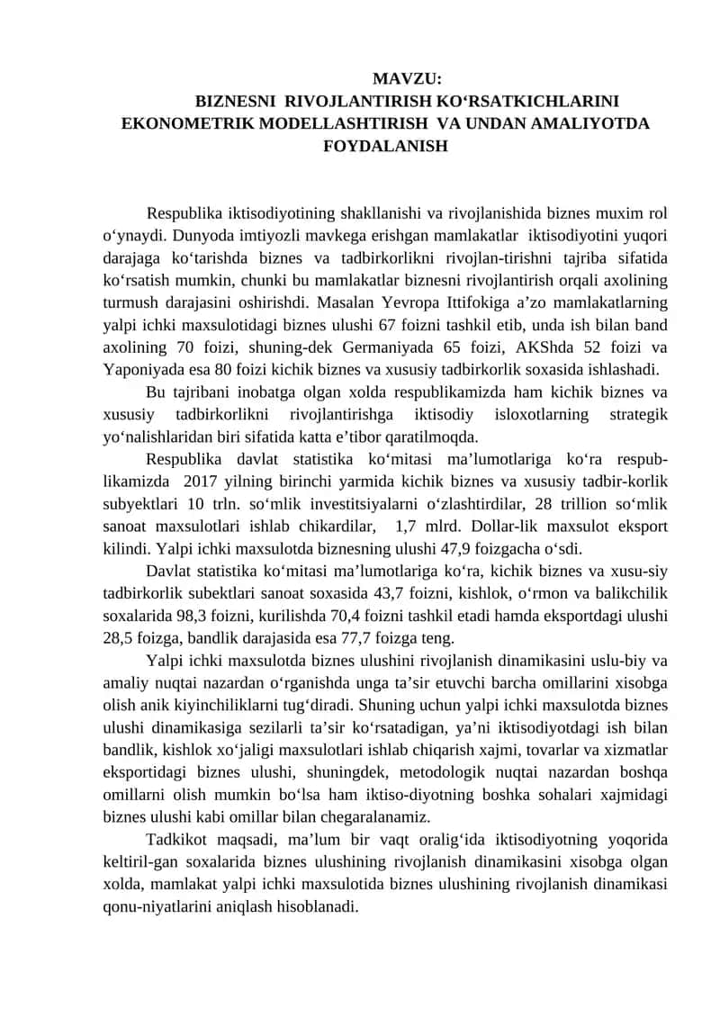 BIZNESNI RIVOJLANTIRISH KO‘RSATKICHLARINI EKONOMETRIK MODELLASHTIRISH VA UNDAN AMALIYOTDA FOYDALANISH