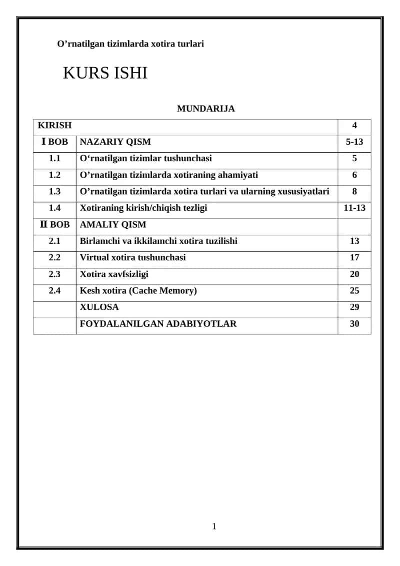 O‘rnatilgan tizimlarda xotira turlari KURS ISHI