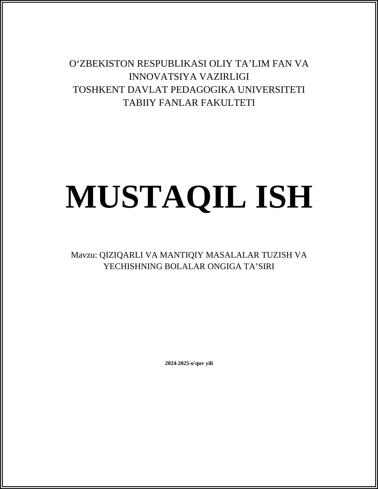 QIZIQARLI VA MANTIQIY MASALALAR TUZISH VA YECHISHNING BOLALAR ONGIGA TAʼSIRI