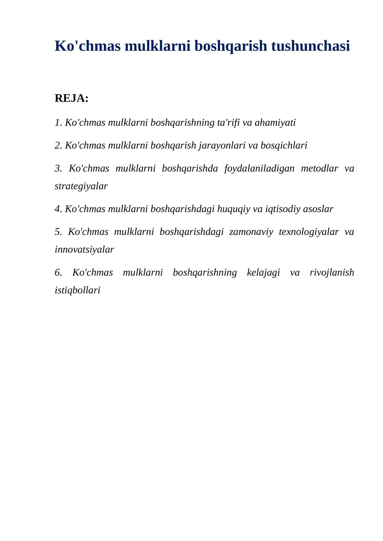 Ko'chmas mulklarni boshqarish tushunchasi