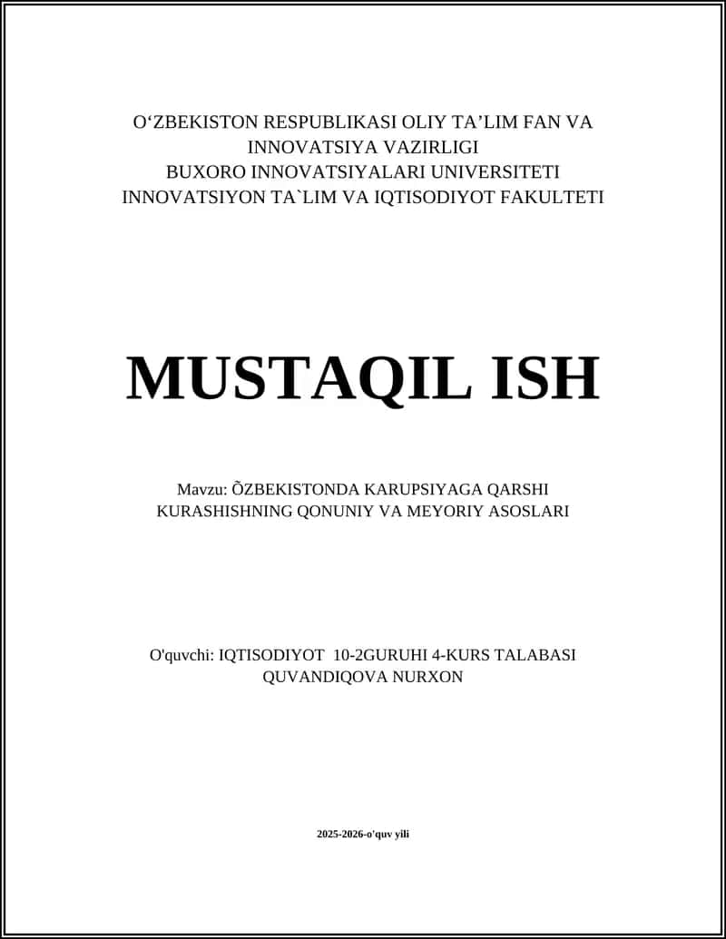 ÕZBEKISTONDA KARUPSIYAGA QARSHI KURASHISHNING QONUNIY VA MEYORIY ASOSLARI