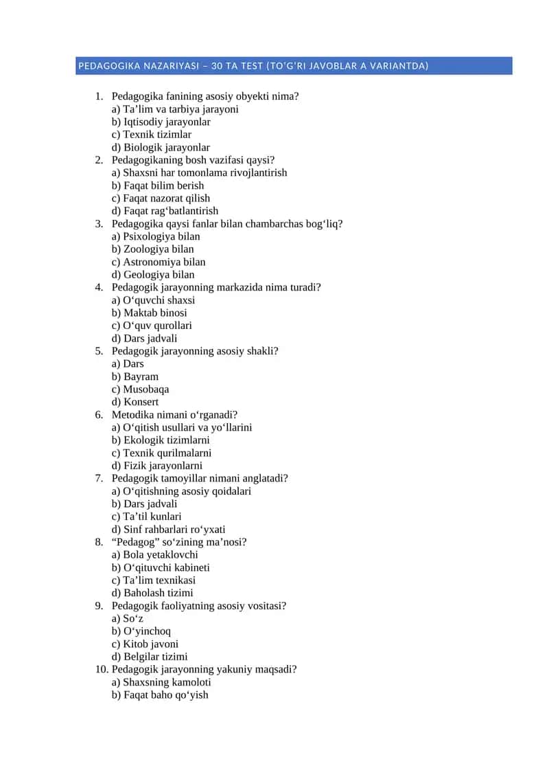 Pedagogika nazariyasi 30 ta test
