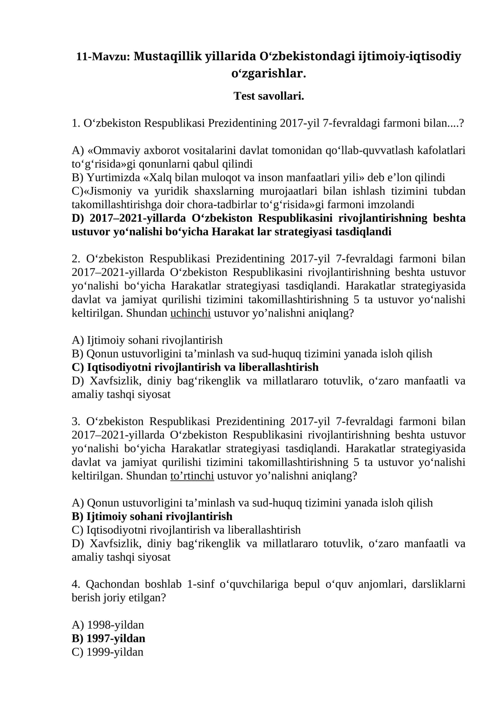 Mustaqillik yillarida O‘zbekistondagi ijtimoiy-iqtisodiy o‘zgarishlar
