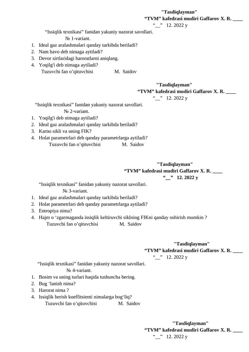 Issiqlik texnikasi yakuniy nazorat savollari