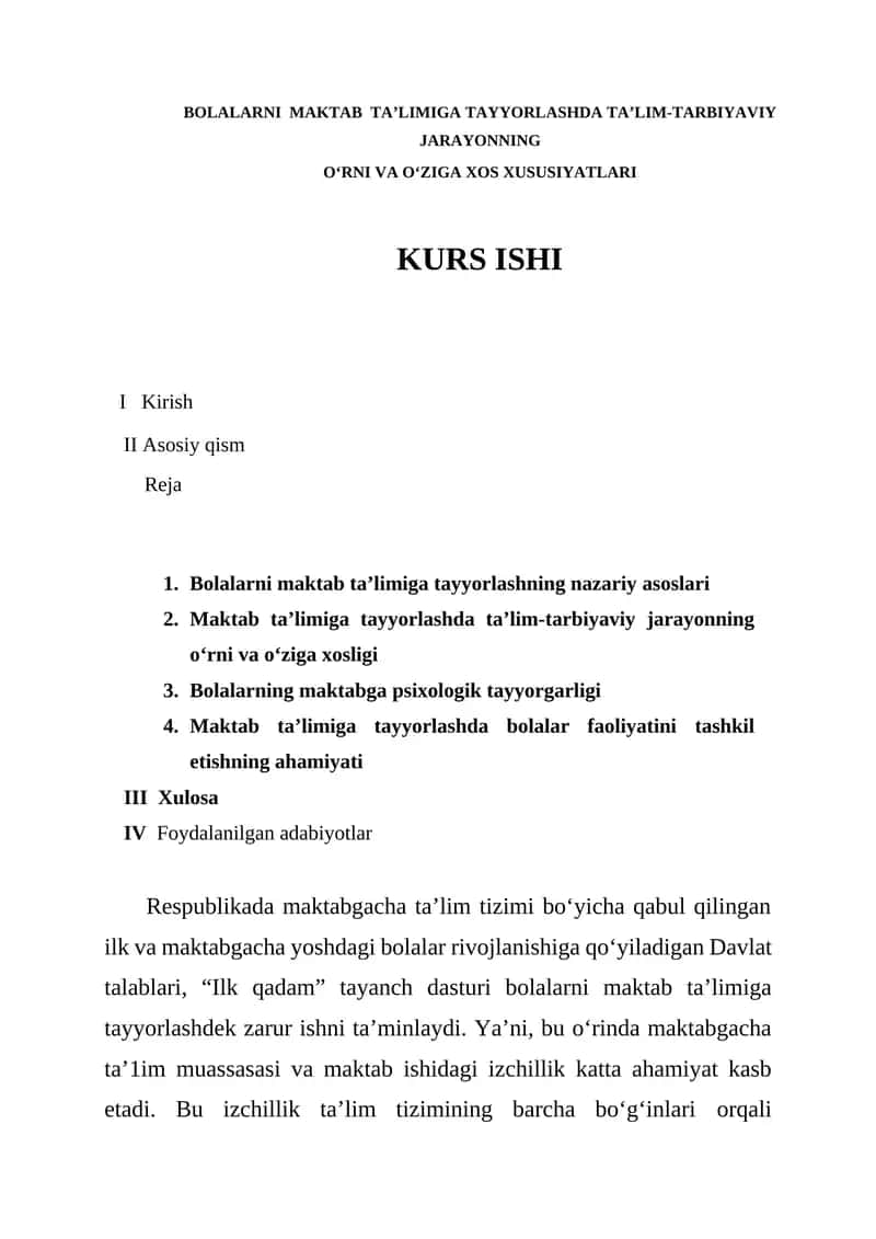Bolalarni maktab ta’limiga tayyorlash