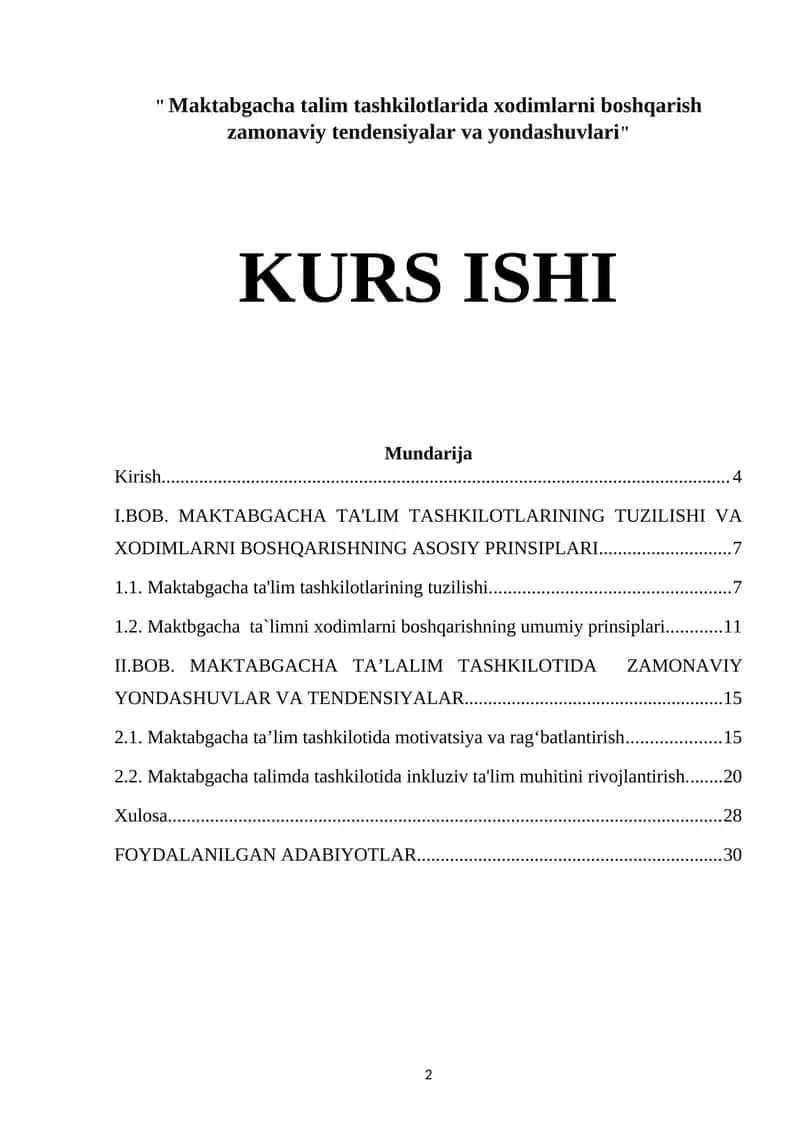 Maktabgacha talim tashkilotlarida xodimlarni boshqarish zamonaviy tendensiyalar va yondashuvlari