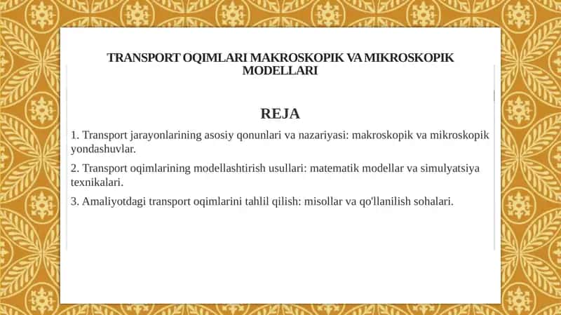 Transport oqimlari makroskopik va mikroskopik modellari