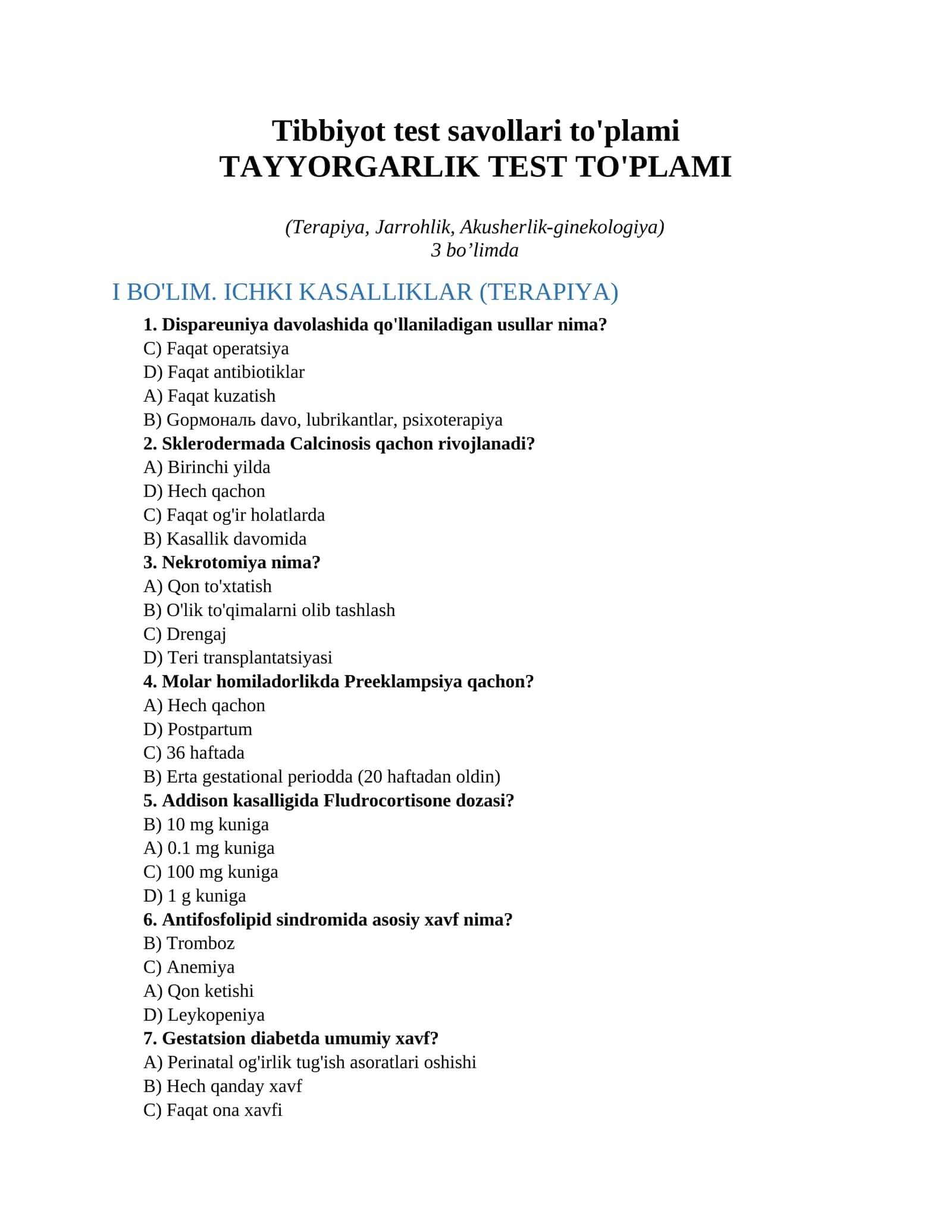 Tibbiyot test savollari to'plami